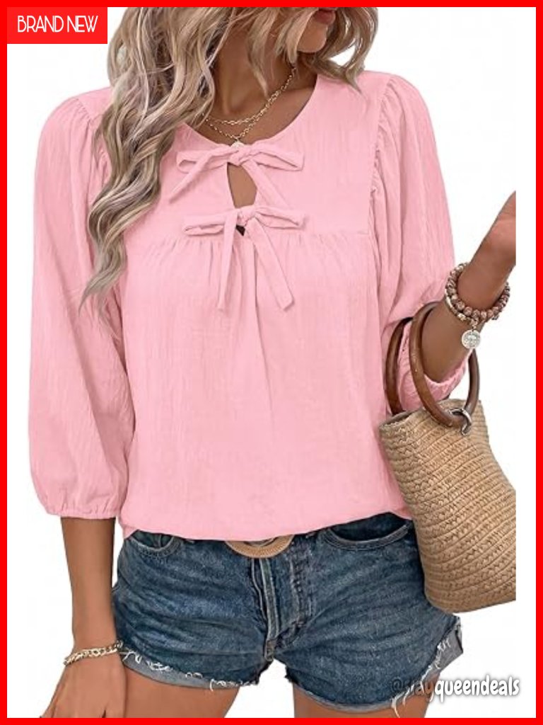 3/4 Sleeve Babydoll Blouse Bow Tie V-Neck Solid Button Down Top
